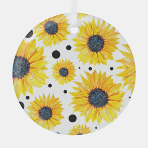 Yellow Sunflowers White Background Pattern Glass Tree Decoration
