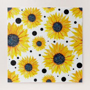 Yellow Sunflowers White Background Pattern Jigsaw Puzzle