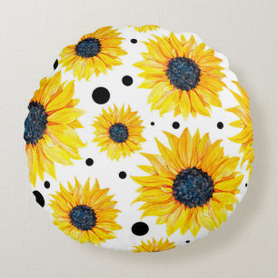Yellow Sunflowers White Background Pattern Round Cushion