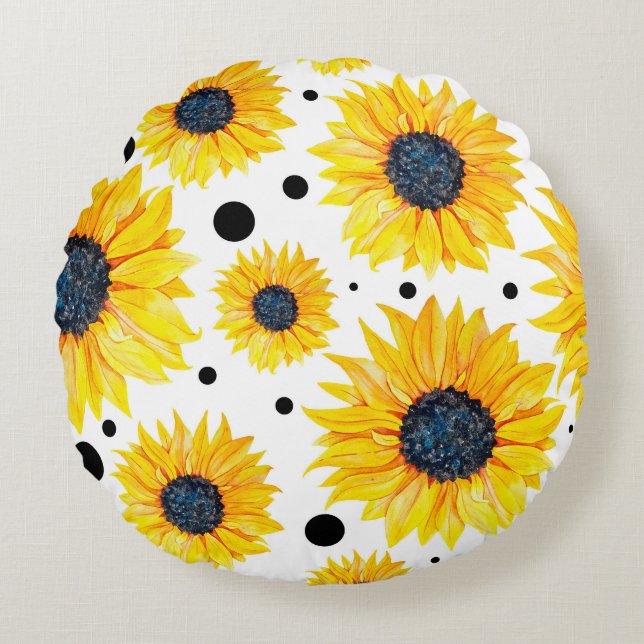 Yellow Sunflowers White Background Pattern Round Cushion (Front)