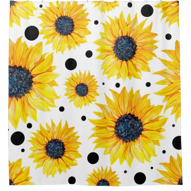 Yellow Sunflowers White Background Pattern Shower Curtain (Front)