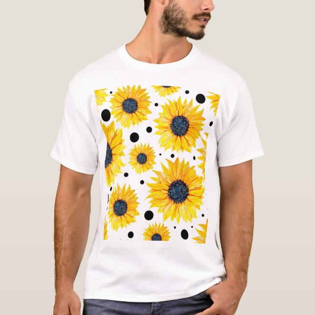 Yellow Sunflowers White Background Pattern T-Shirt (Front)