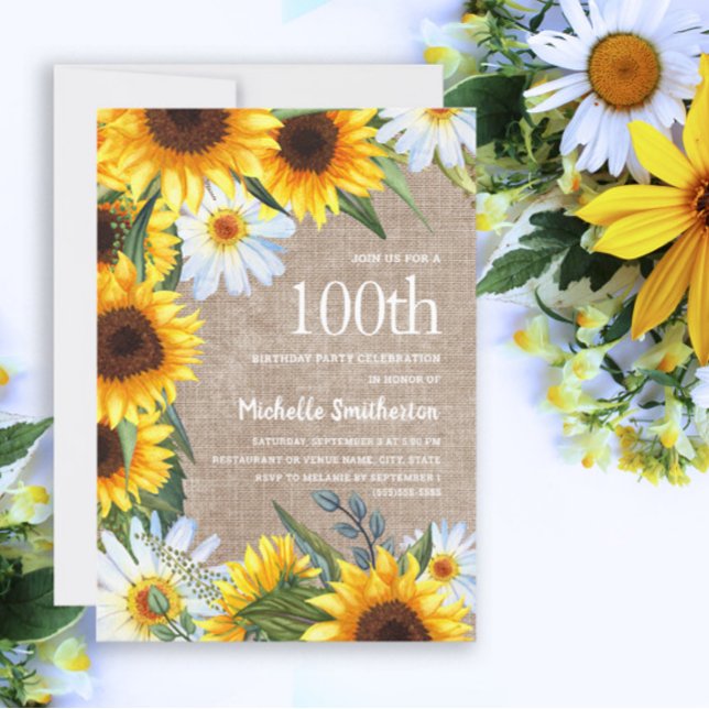 Yellow Sunflowers White Daisies 100th Birthday Invitation (Creator Uploaded)