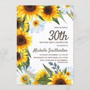 Yellow Sunflowers White Daisies 30th Birthday Invitation