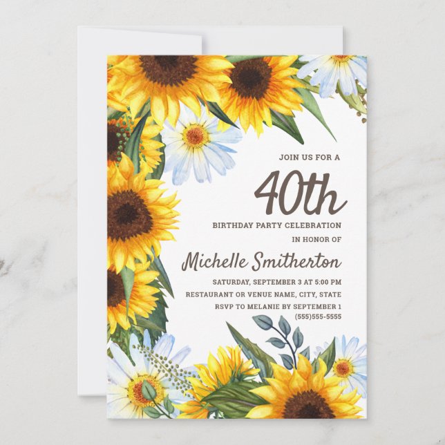 Yellow Sunflowers White Daisies 40th Birthday Invitation (Front)