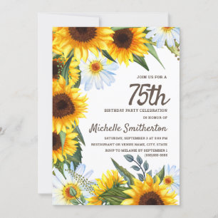 Yellow Sunflowers White Daisies 75th Birthday Invitation