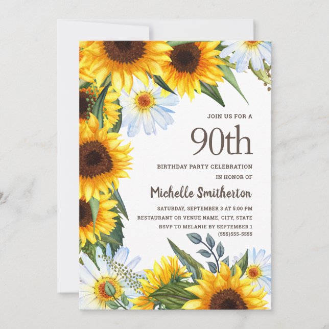 Yellow Sunflowers White Daisies 90th Birthday Invitation (Front)