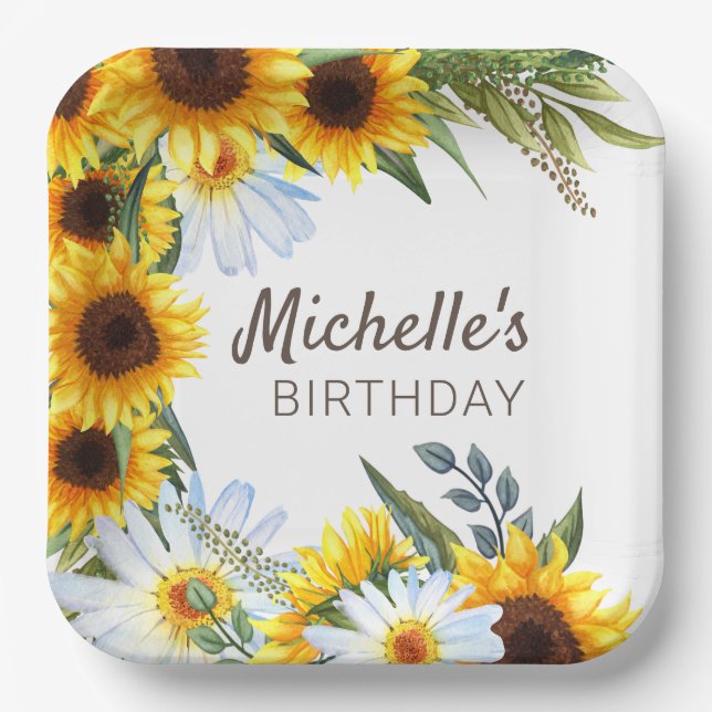 Yellow Sunflowers White Daisies Birthday Name Paper Plate (Front)
