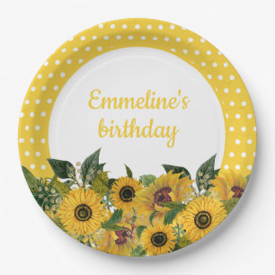 Yellow Sunflowers White Polka Dots Birthday Party Paper Plate