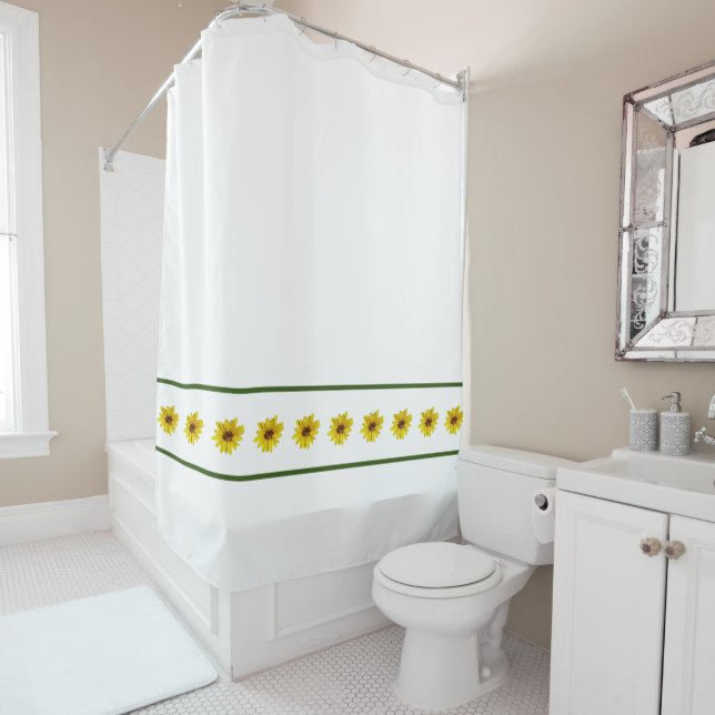 Yellow Sunflowers with Green Borders on White Shower Curtain (In Situ)