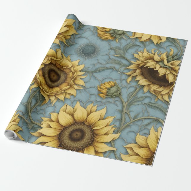yellow sunflowers with pale blue background  wrapping paper (Unrolled)