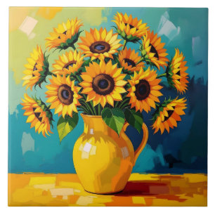 Yellow Sunflowers with Turquoise Background Tile