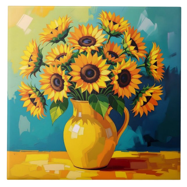 Yellow Sunflowers with Turquoise Background Tile (Front)