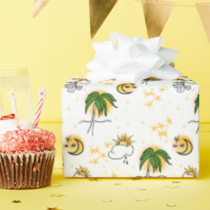 Yellow Suns Stars Moon Green Palm Scrapbook Paper