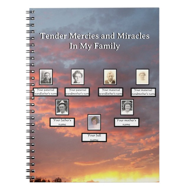 Yellow Sunset Family Tree Mercies Miracles   Notebook (Front)