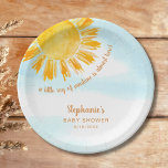 Yellow Sunshine Boho Baby Shower Paper Plate<br><div class="desc">These baby shower paper plates feature the text "A little ray of sunshine is almost here!" with a watercolor yellow sun and blue sky. Perfect for a gender-neutral baby shower. Easily customisable. Use the Design Tool to change the text size, style, or colour. Because we create our artwork you won't...</div>