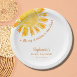 Yellow Sunshine Boho Baby Shower Paper Plate<br><div class="desc">These baby shower paper plates feature the text "A little ray of sunshine is almost here!" with a watercolor yellow sun. Perfect for a gender-neutral baby shower. Easily customisable. Use the Design Tool to change the text size, style, or colour. Because we create our artwork you won't find this exact...</div>