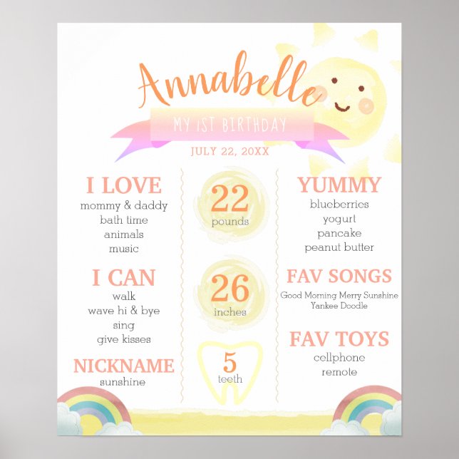Yellow Sunshine Girl 1st Birthday Milestone Poster (Front)