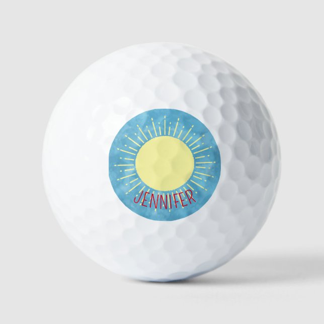 Yellow Sunshine In Blue Sky Custom Name  Golf Balls (Front)