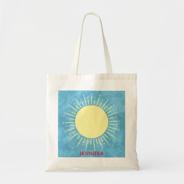 Yellow Sunshine In Blue Sky Custom Name  Tote Bag (Front)
