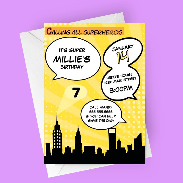 Yellow Superheros Comic Book Styled Birthday Party Invitation (Yellow Comic Book Superheros Birthday Party Invitation)