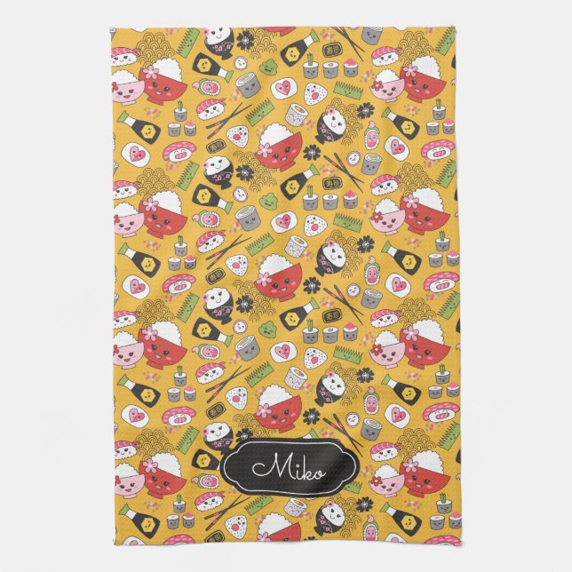 Yellow Sushi Personalised Cute Pattern Tea Towel (Vertical)