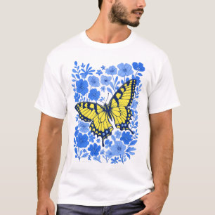 Yellow swallowtail blue flower t-shirt