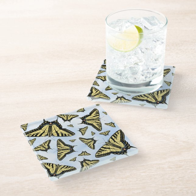 Yellow Swallowtail Butterflies Blue Sky Custom Glass Coaster (Angled)
