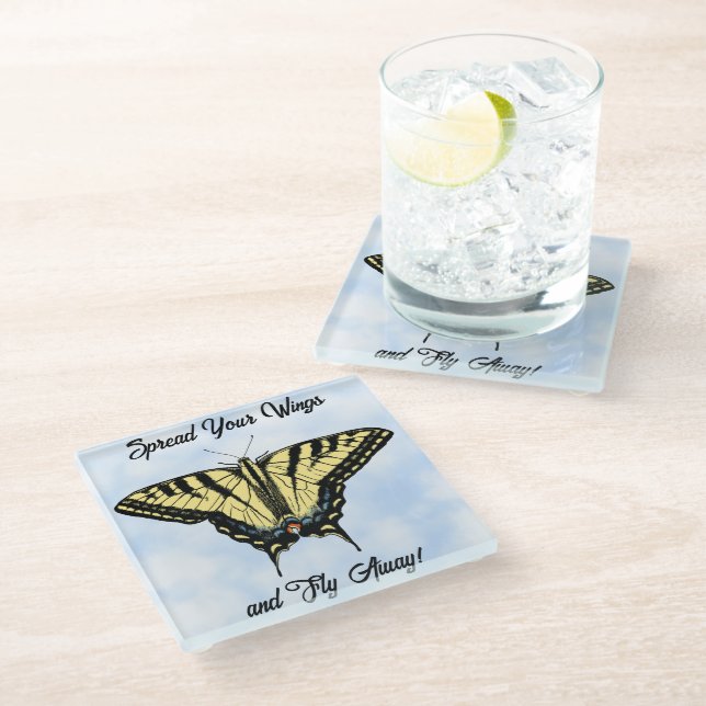Yellow Swallowtail Butterfly Blue Sky Personalised Glass Coaster (Angled)