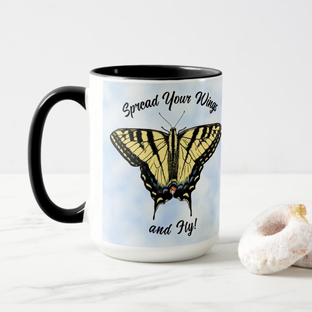 Yellow Swallowtail Butterfly Blue Sky Personalised Mug (With Donut)