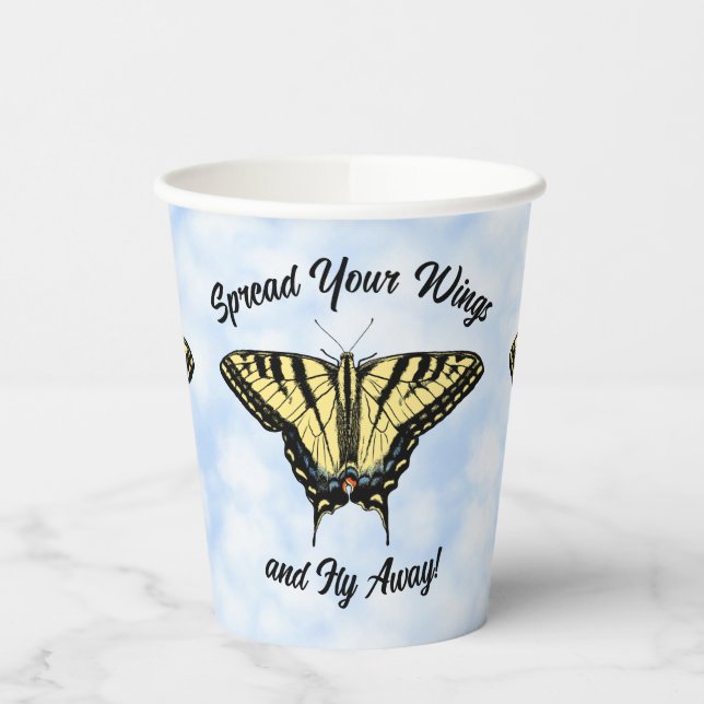 Yellow Swallowtail Butterfly Blue Sky Personalised Paper Cups (Left)