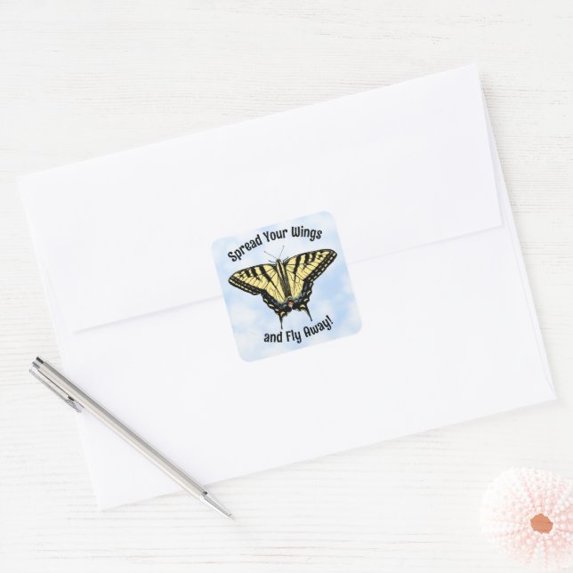 Yellow Swallowtail Butterfly Blue Sky Personalised Square Sticker (Envelope)