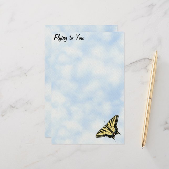 Yellow Swallowtail Butterfly Blue Sky Personalised Stationery (Front/Back In Situ)