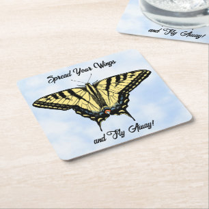 Yellow Swallowtail Butterfly Blue Sky Personalized Square Paper Coaster
