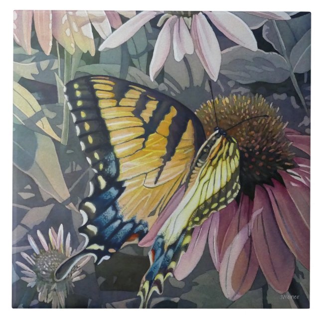 Yellow Swallowtail Butterfly Coneflower Watercolor Tile (Front)