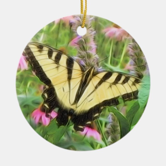 Yellow Swallowtail Butterfly in Summer Garden Ceramic Tree Decoration (Front)