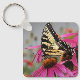 Yellow Swallowtail butterfly on Pink Echinacea Key Ring