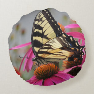 Yellow Swallowtail butterfly on Pink Echinacea  Round Cushion