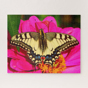Yellow Swallowtail Butterfly on Pink Flower Jigsaw Puzzle