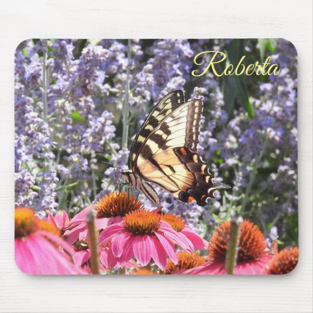 Yellow Swallowtail Butterfly, Pink n Purple Flower Mouse Mat (Front)