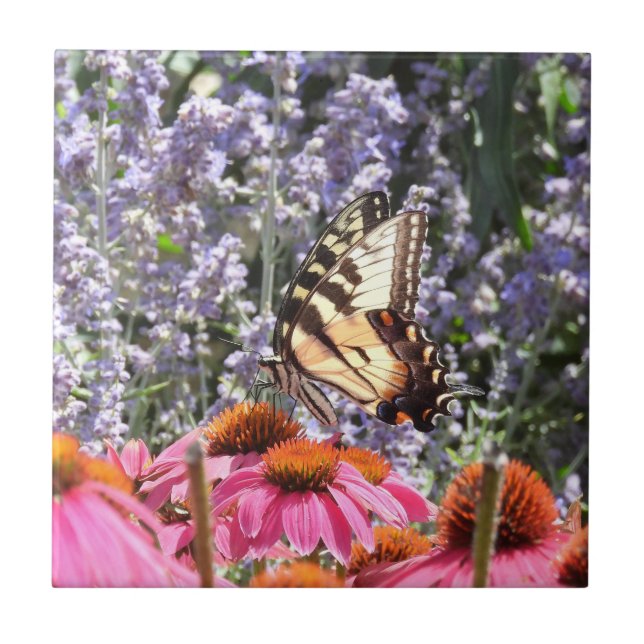 Yellow Swallowtail Butterfly Pink N Purple Flowers Tile (Front)