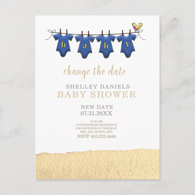 Yellow Swash Clothes Baby Shower Change the Date Announcement Postcard (Front)