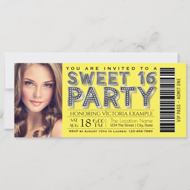 Yellow Sweet 16 Birthday Party Ticket Invitation (Front)