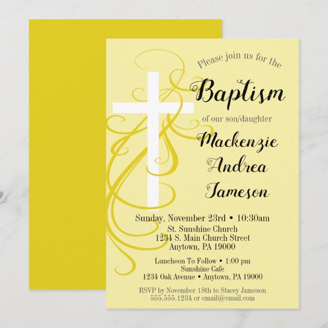 Yellow Swirl Cross Baptism Invitation Girl Boy (Front/Back)