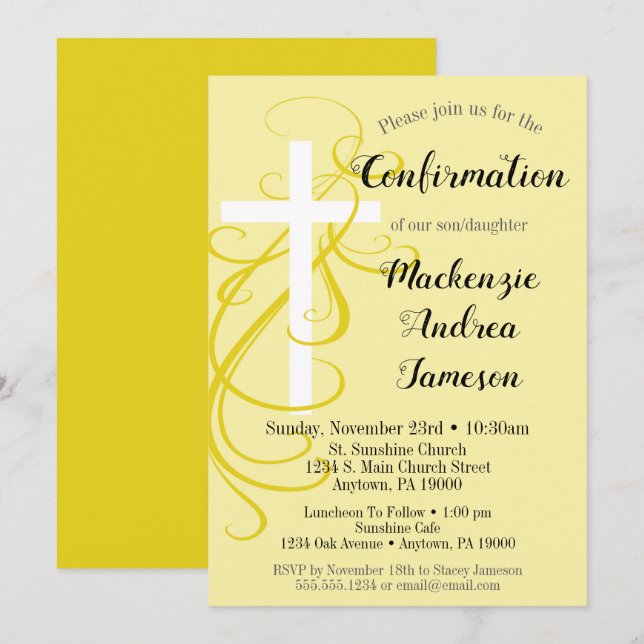Yellow Swirl Cross Confirmation Invitation (Front/Back)