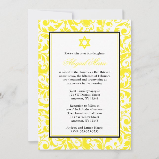 Yellow Swirl Damask Bat Mitzvah Invitations (Front)