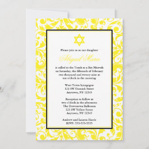 Yellow Swirl Damask Bat Mitzvah Invitations