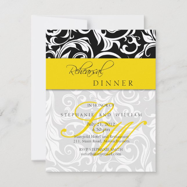 Yellow Swirl Monogram Rehearsal Dinner Card (Front)