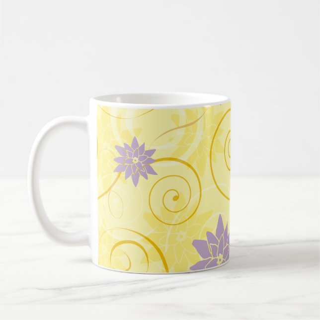 Yellow Swirls with Purple Lotus Flower Pattern Coffee Mug (Left)