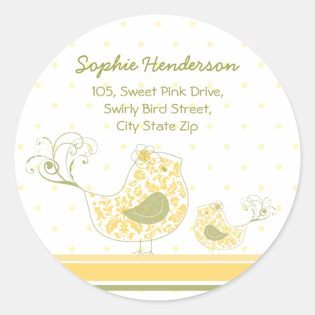 Yellow Swirly Mum Baby Bird Address Label Sticker (Front)